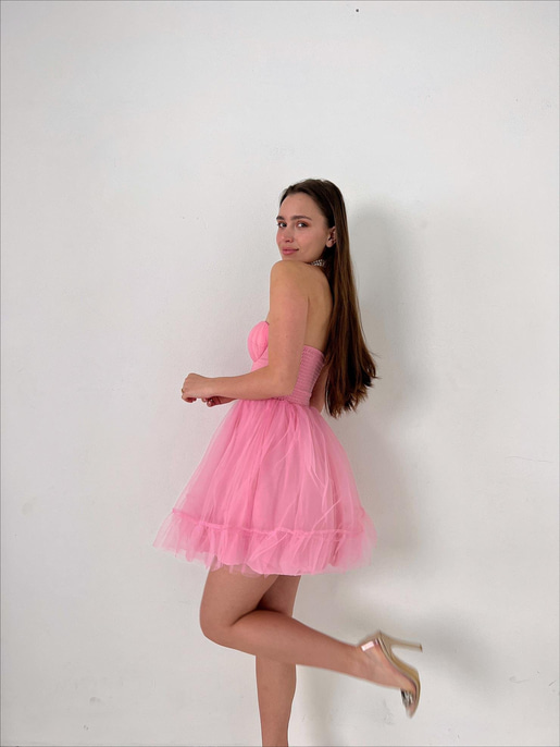 Straplez Belden Oturtmalı Eteği Tül Tara Kadın Pembe Mini Elbise 23Y000027