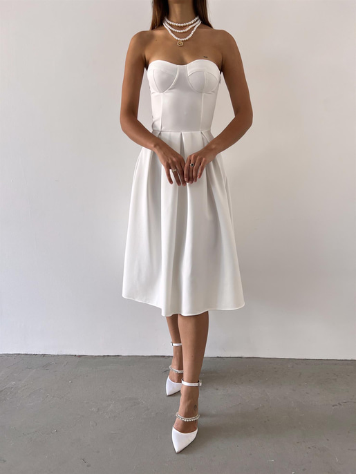 Straplez Belden Oturtmalı Maks Kadın Beyaz Elbise 23Y000483