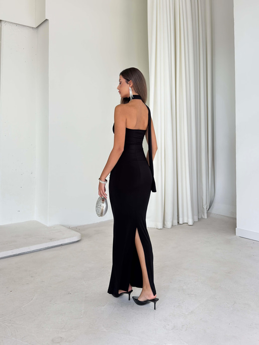 Straplez Drapeli Kuşaklı Sinde Siyah Kadın Elbise 25Y527