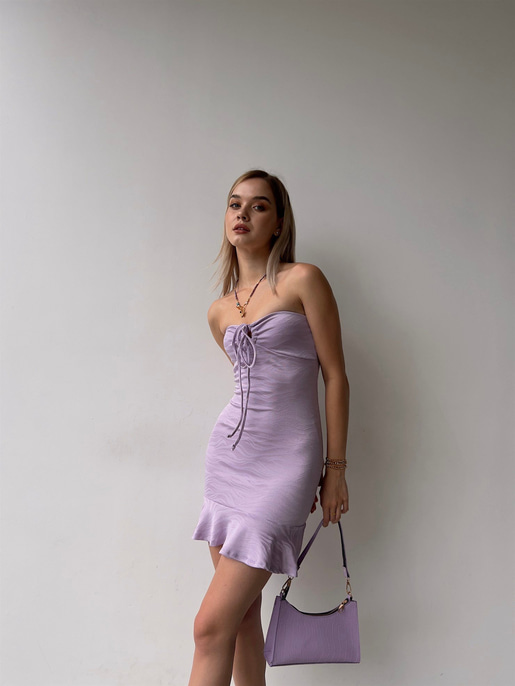 Straplez Göğüsü Bağcıklı Volanlı Streç Model  Titanius Kadın Lila Elbise 22Y000389