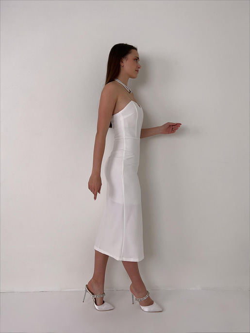 Straplez Korse Görünümlü Cherish Kadın Beyaz Midi Elbise 23Y000072