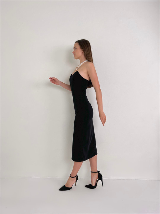 Straplez Korse Görünümlü Cherish Kadın Siyah Midi Elbise 23Y000072