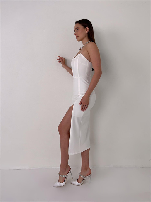 Straplez Korse Görünümlü Cherish Kadın Beyaz Midi Elbise 23Y000072