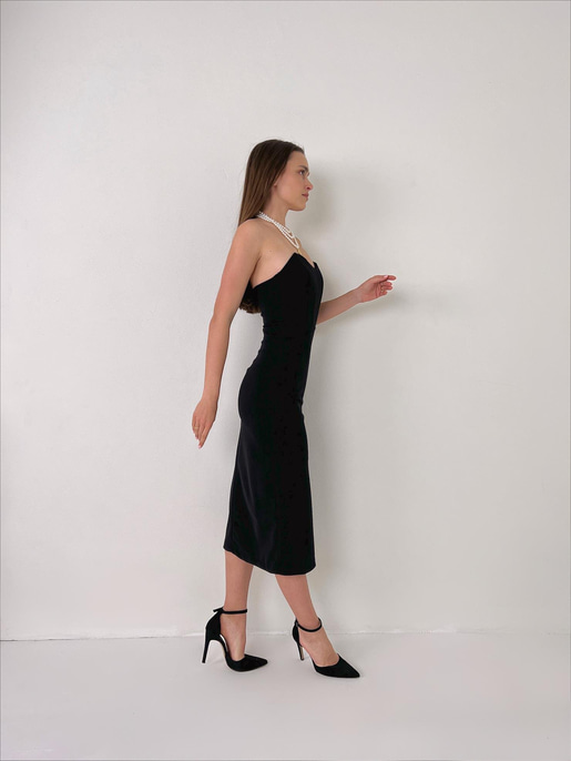 Straplez Korse Görünümlü Cherish Kadın Siyah Midi Elbise 23Y000072