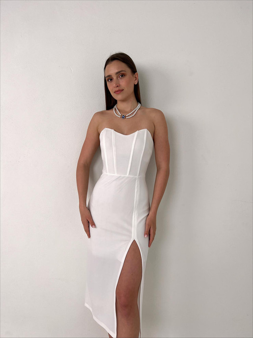 Straplez Korse Görünümlü Cherish Kadın Beyaz Midi Elbise 23Y000072