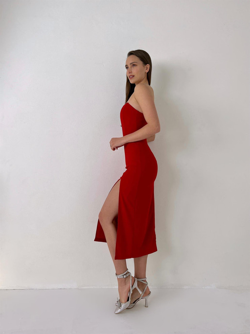 Straplez Korse Görünümlü Cherish Kadın Kırmızı Midi Elbise 23Y000072