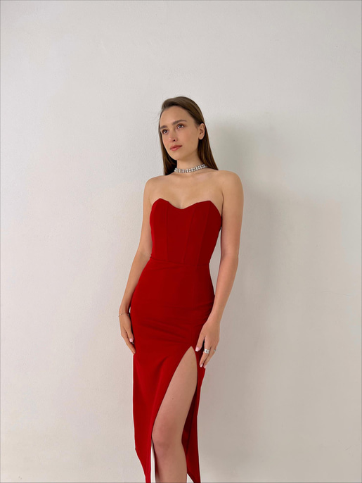 Straplez Korse Görünümlü Cherish Kadın Kırmızı Midi Elbise 23Y000072