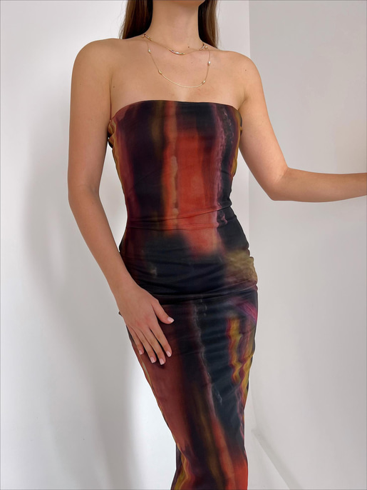 Straplez Leya Kadın Siyah Desenli Midi Elbise 23K000457