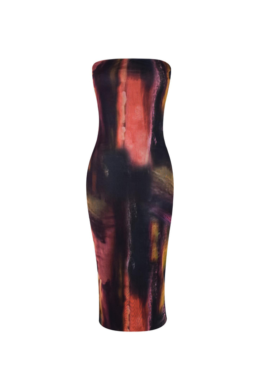 Straplez Leya Kadın Siyah Desenli Midi Elbise 23K000457