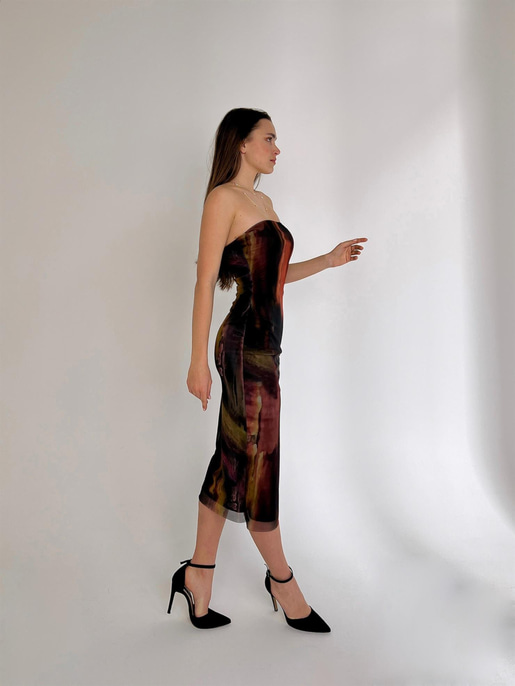 Straplez Leya Kadın Siyah Desenli Midi Elbise 23K000457