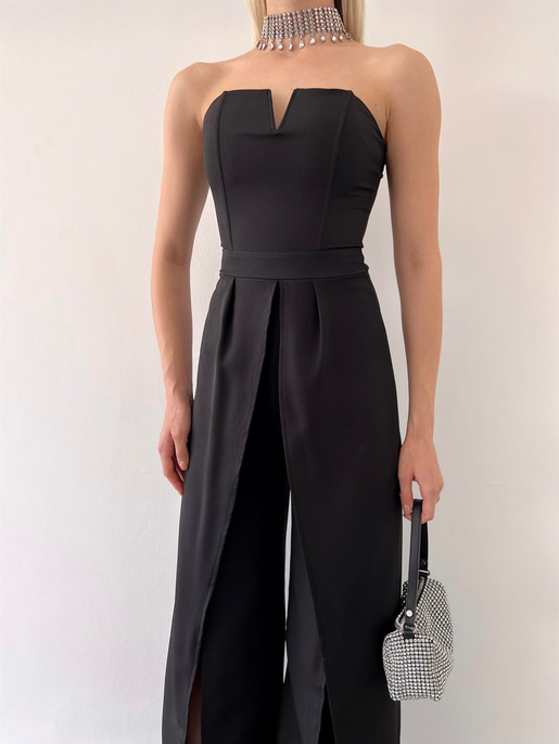 Straplez Yırtmaç Detaylı Straight Kadın Siyah Tulum 23Y000218