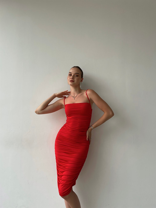 Streç İnce Askı Drapeli Taniya Kadın Kırmızı Kalem Elbise 22Y000230