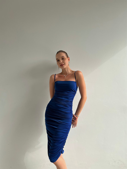 Streç İnce Askı Drapeli Taniya Kadın Saks Kalem Elbise 22Y000230