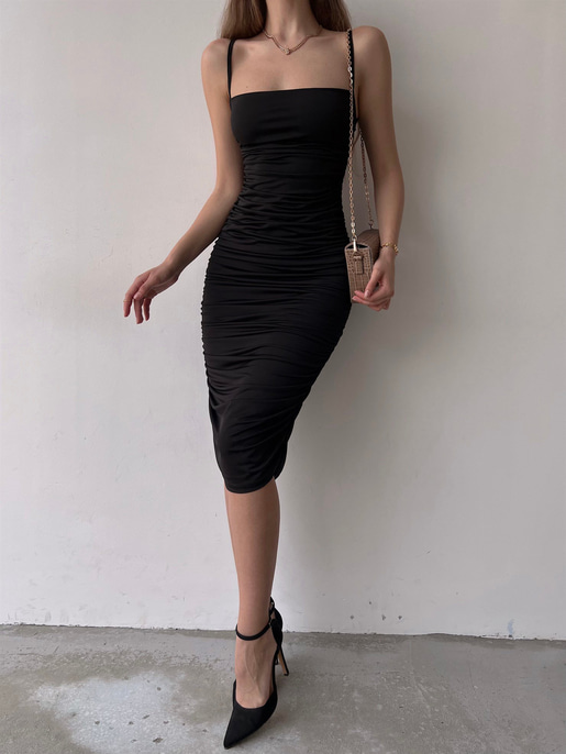 Streç İnce Askı Drapeli Taniya Kadın Siyah Kalem Elbise 22Y000230
