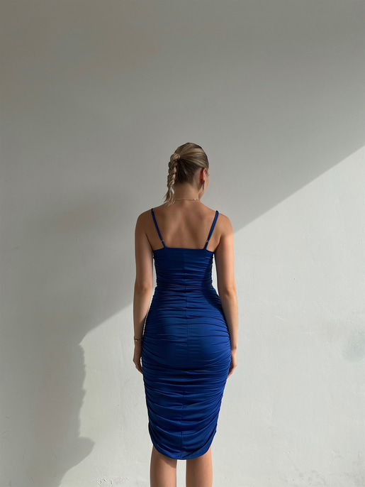 Streç İnce Askı Drapeli Taniya Kadın Saks Kalem Elbise 22Y000230