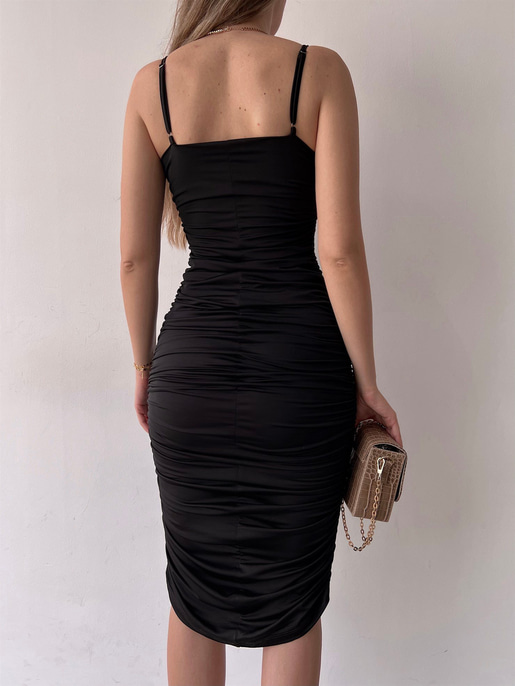 Streç İnce Askı Drapeli Taniya Kadın Siyah Kalem Elbise 22Y000230