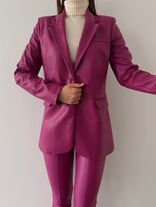 Tek Düğmeli Uzun Kollu Aria Kadın Fuşya Vegan Deri Ceket 23K000016