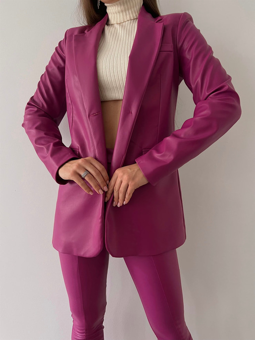 Tek Düğmeli Uzun Kollu Aria Kadın Fuşya Vegan Deri Ceket 23K000016