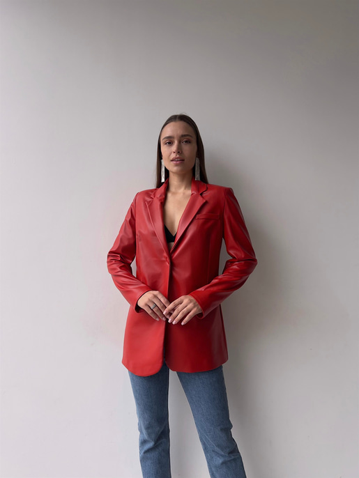 Tek Düğmeli Uzun Kollu Aria Kadın Kırmızı Vegan Deri Ceket 23K000016