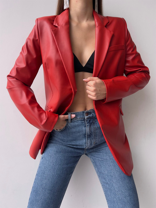 Tek Düğmeli Uzun Kollu Aria Kadın Kırmızı Vegan Deri Ceket 23K000016