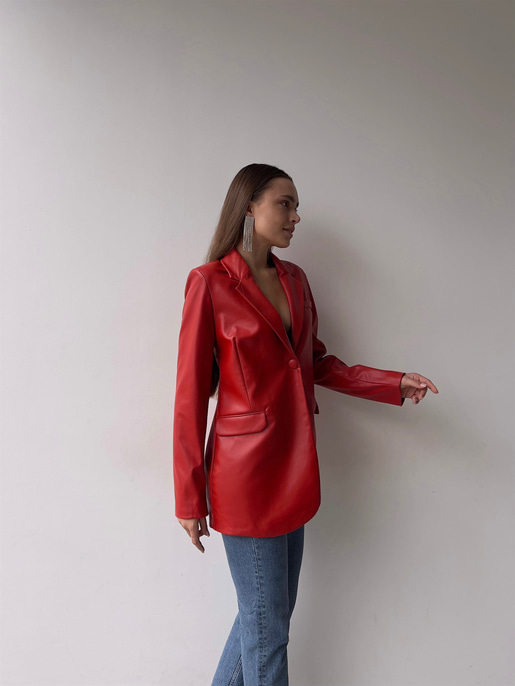 Tek Düğmeli Uzun Kollu Aria Kadın Kırmızı Vegan Deri Ceket 23K000016