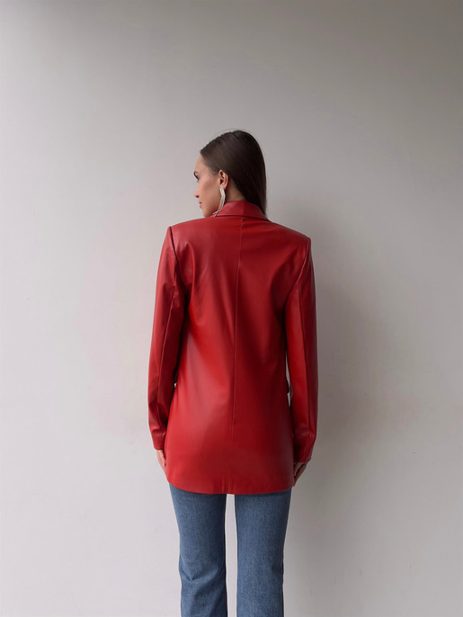 Tek Düğmeli Uzun Kollu Aria Kadın Kırmızı Vegan Deri Ceket 23K000016