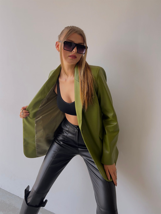 Tek Düğmeli Uzun Kollu Aria Kadın Yeşil Vegan Deri Ceket 23K000016