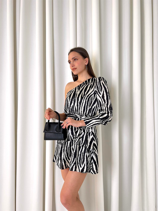 Tek Kol Belden Kuşaklı Tiffany Kadın Zebra Mini Elbise 23K000453