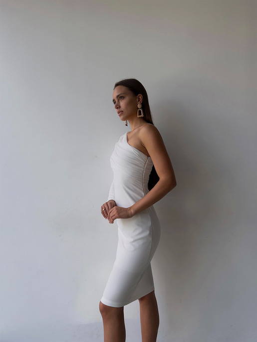 Tek Kol Tül Elson Kadın Beyaz Midi Boy Elbise 23K000149