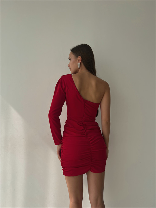 Tek Omuz Uzun Kol Önü Ve Yanları Drapeli Göğüs Pedli Traeger Kadın Kırmızı Mini Elbise 23K000039