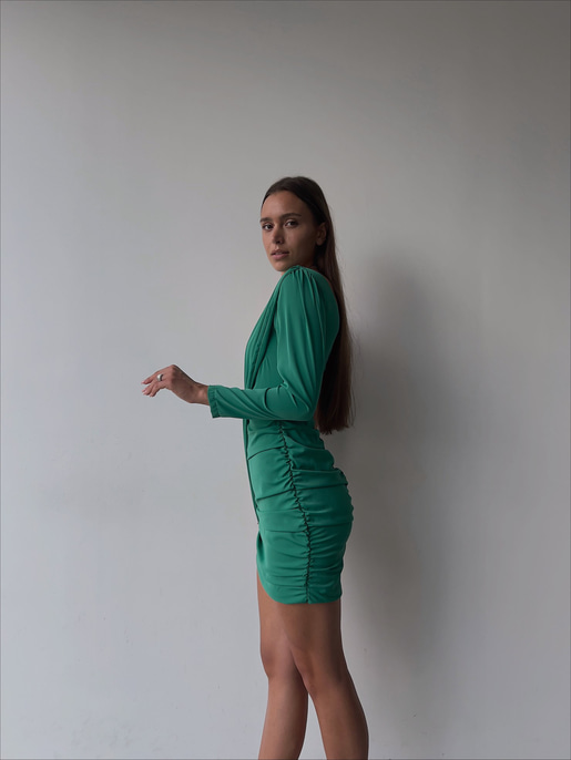 Tek Omuz Uzun Kol Önü Ve Yanları Drapeli Göğüs Pedli Traeger Kadın Yeşil Mini Elbise 23K000039