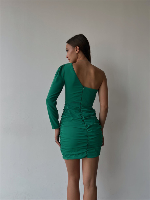 Tek Omuz Uzun Kol Önü Ve Yanları Drapeli Göğüs Pedli Traeger Kadın Yeşil Mini Elbise 23K000039