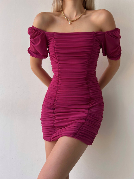 Tül Açık Omuz Drapeli Celino Kadın Fuşya Mini Elbise 22Y000340