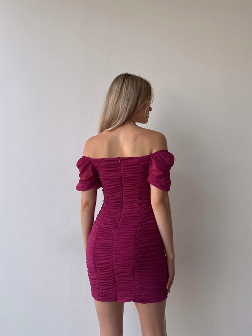 Tül Açık Omuz Drapeli Celino Kadın Fuşya Mini Elbise 22Y000340