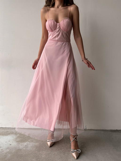 Tül İnce Askı Göğüs Kuplu Yırtmaçlı Brian Kadın Pudra Elbise 22Y000138