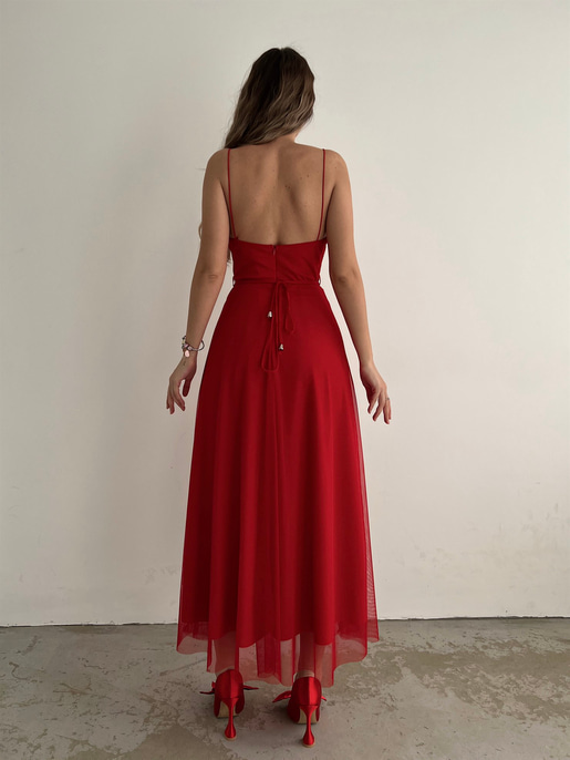 Tül İnce Askı Göğüs Kuplu Yırtmaçlı Brian Kadın Kırmızı Elbise 22Y000138