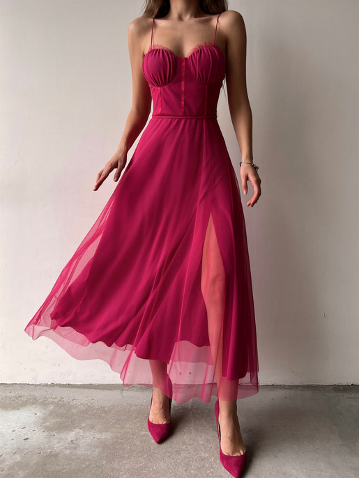 Tül İnce Askı Göğüs Kuplu Yırtmaçlı Brian Kadın Fuşya Elbise 22Y000138