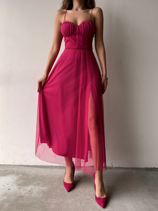 Tül İnce Askı Göğüs Kuplu Yırtmaçlı Brian Kadın Fuşya Elbise 22Y000138