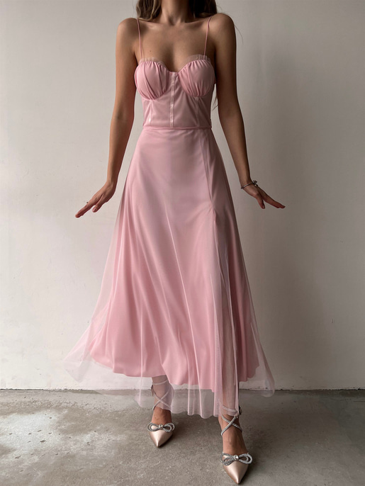 Tül İnce Askı Göğüs Kuplu Yırtmaçlı Brian Kadın Pudra Elbise 22Y000138