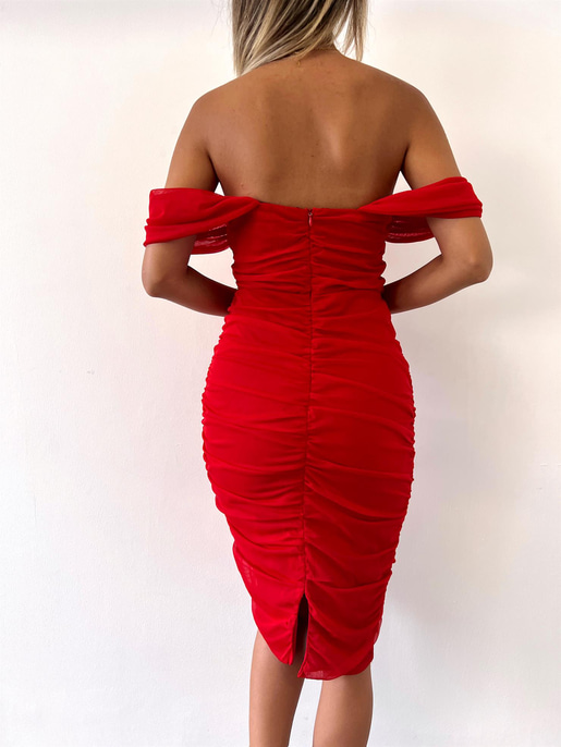 Tül Kumaş Drapeli Arkadan Yırtmaçlı Zella Kadın Kırmızı Elbise 22Y000365