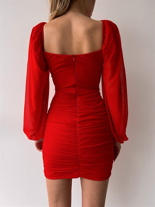 Tül Önü Pencere Detay Büzgülü Harley Kadın Kırmızı Mini Elbise 22K000531