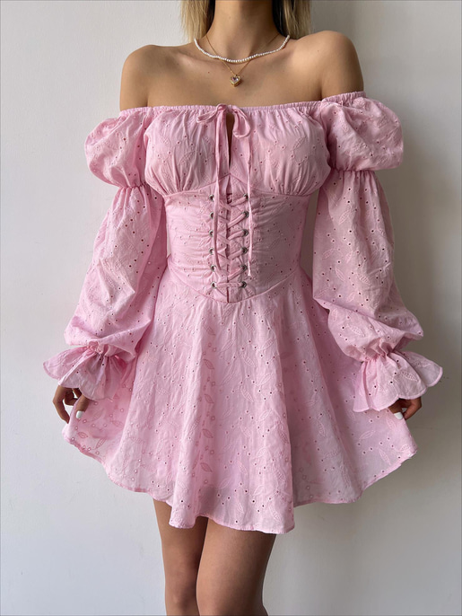 Uzun Balon Kol Korse Detaylı Rayna Brode Kadın Pembe Mini Elbise 23Y000240