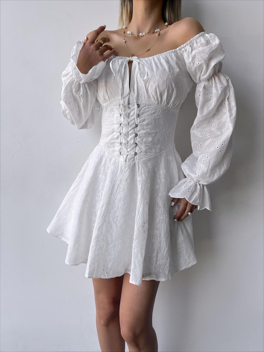 Uzun Balon Kol Korse Detaylı Rayna Brode Kadın Beyaz Mini Elbise 23Y000240