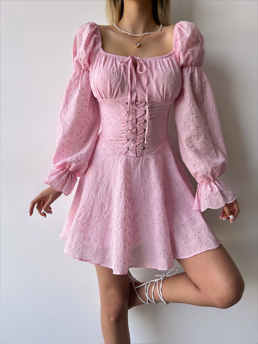 Uzun Balon Kol Korse Detaylı Rayna Brode Kadın Pembe Mini Elbise 23Y000240