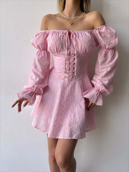 Uzun Balon Kol Korse Detaylı Rayna Brode Kadın Pembe Mini Elbise 23Y000240