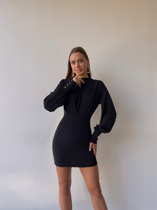 Uzun Balon Kollu Sırtı Derin Dekolteli Arbesa Kadın Siyah Mini Elbise 23K000167