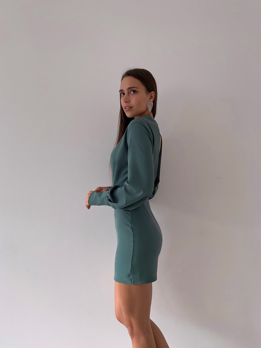 Uzun Balon Kollu Sırtı Derin Dekolteli Arbesa Kadın Petrol Yeşili Mini Elbise 23K000167