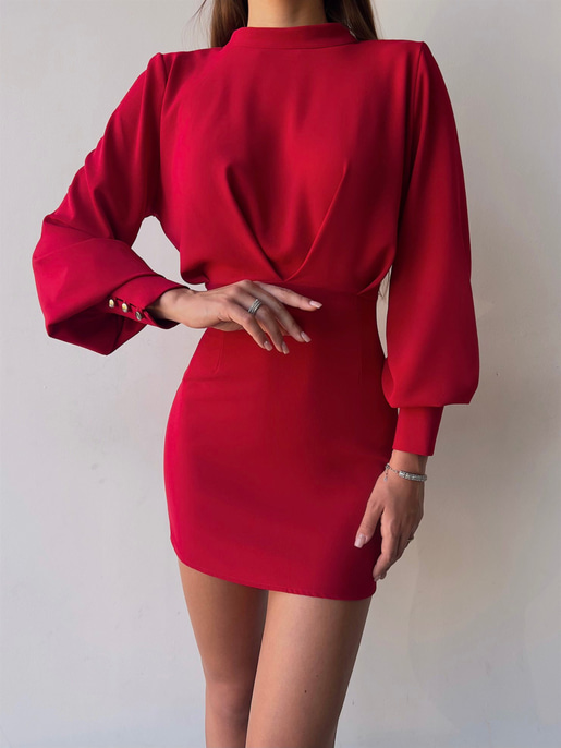 Uzun Balon Kollu Sırtı Derin Dekolteli Arbesa Kadın Kırmızı Mini Elbise 23K000167