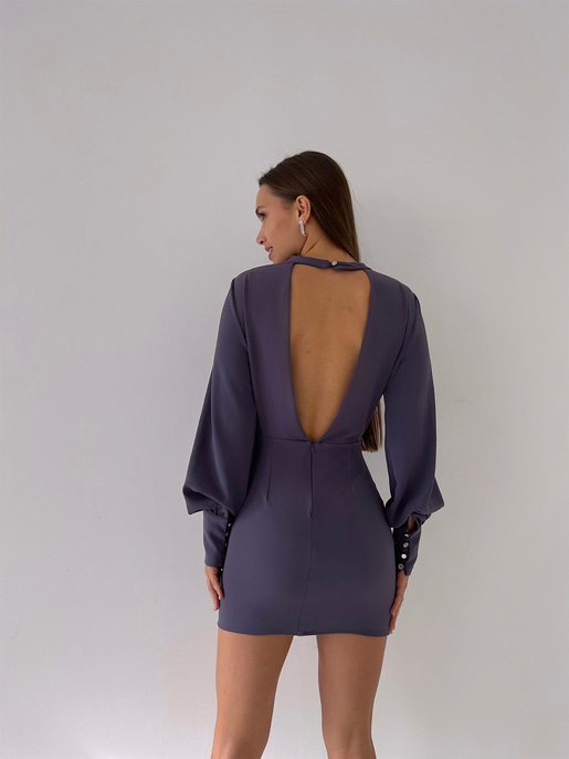 Uzun Balon Kollu Sırtı Derin Dekolteli Arbesa Kadın Antrasit Mini Elbise 23K000167