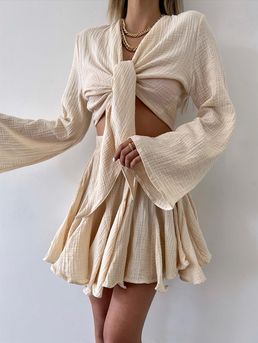 Uzun Kol Bağlamalı Crop Beli Lastikli Volanlı Etek Aryen Kadın Taş Keten Takım 23Y000230